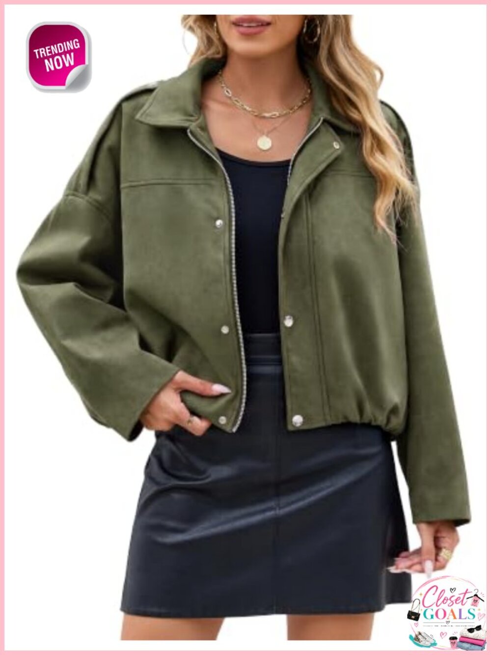 Faux Suede Cropped Bomber Jacket Drop Shoulder Zip Up Fall Layer